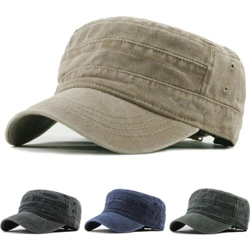 New hat mens washed and worn cotton monochrome flat top military cap outdoor sunshade cap