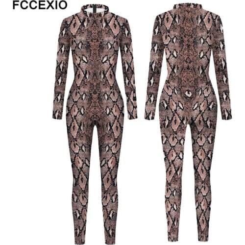 FCCEXIO 2021 New Womens Jumpsuit Sexy Snake Printed Romper Bodycon Female Body Outfits Party Bodysuit Cosplay Costumes