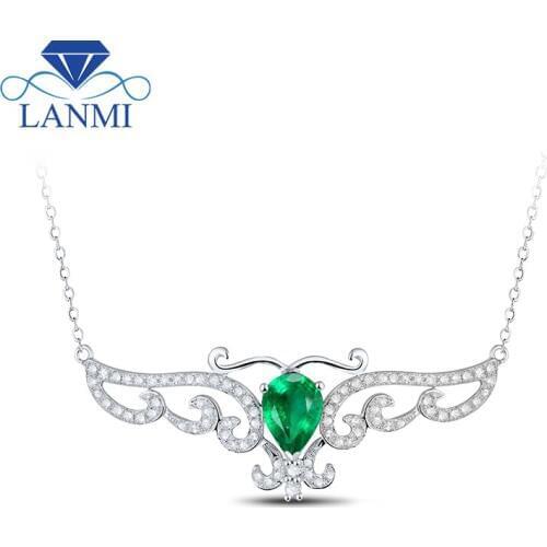 Luxury Pear Cut Natural Diamond Emerald Pendant Solid 14Kt White Gold Loving Necklace Gemstome Jewelry for Women
