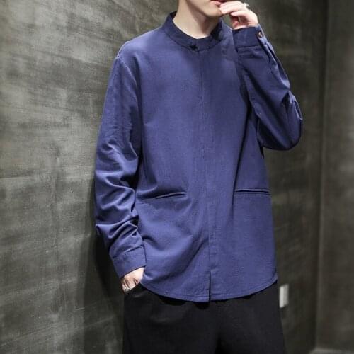 2021 Linen Shirts Men Clothing Chinese Style Long Sleeve Retro Button Shirt Solid Color Tang Suit Loose Plus Size Tops KK3501