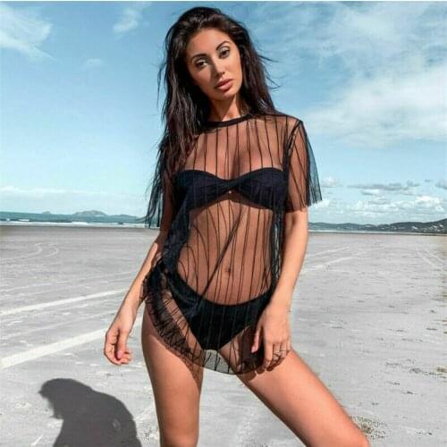 Sexy Women Mesh Sheer See Through Short Sleeve Mini T-Shirt Dress Beachwear