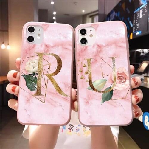 Initial Letter Silicone Phone Case For iPhone 12 mini 11 Pro Max X XR XS Max 6s 7 8 Plus Retro Pink Leaves Soft TPU Back Cover