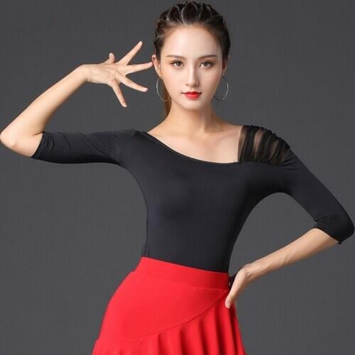 Latin Dance Top Women Female Adult Fashion Irregular Mid Sleeve Shirts Cha Cha Rumba Tango Salsa Practice Wear Ladies DNV13232