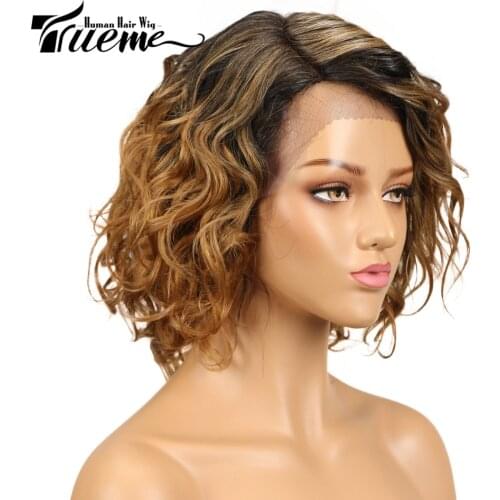 Trueme Lace Front Human Hair Wigs For Women Water Wave Short Hair Wigs Remy Brazilian Pixie Cut Bob Curly Hair Wigs