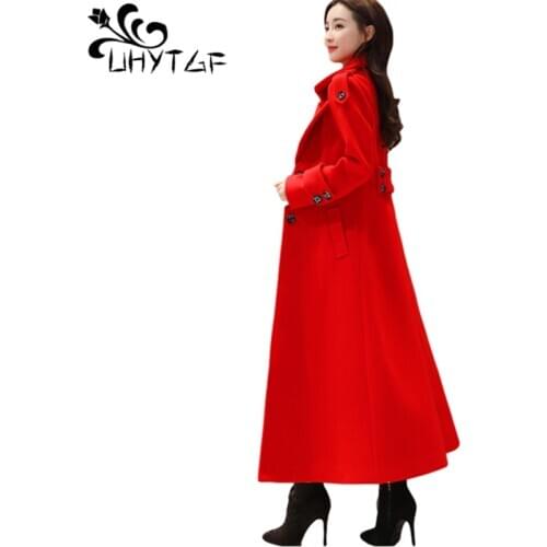 UHYTGF Elegant Women Long Woolen Coat Fashion Single-Breasted Slim Winter Jacket New Korean Wild Casual Plus Size Outerwear 1406