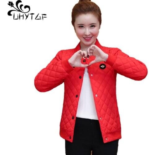 UHYTGF Down Cotton Warm Autumn Winter Jacket Sweet Student Thin Parker Women Short Coat Solid Wild Casual Plus Size Outwear 1501