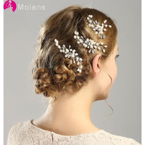 MOLANS Crystal Pearl Leaves Hairpins for Bride Hair Accessories Temperament Water Drill Handmade Alloy Headdress for Wedding
