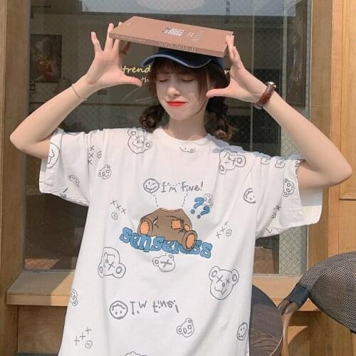 Female Korean Harajuku Cartoon Bear Letter Print Loose Tshirt Womens T-shirts Tops Japanese Kawaii Ulzzang Clothes For Women
