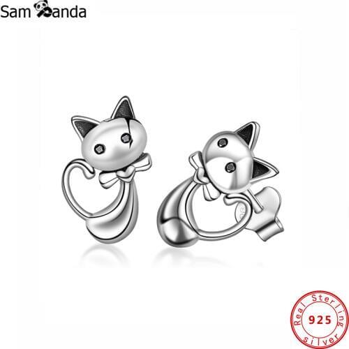 925 Sterling Silver Stud Earrings For Women Small Earings Cute Cat heart bow Earing Fashion Jewelry New arrival 2019