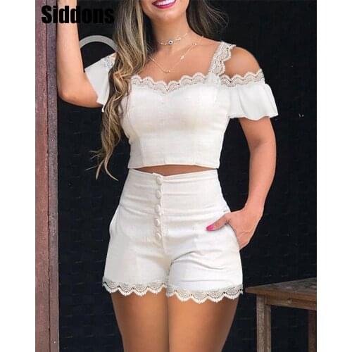 Women Solid Shoulder Lace Trim Crop Top and Buttoned Shorts Set Summer Outfit