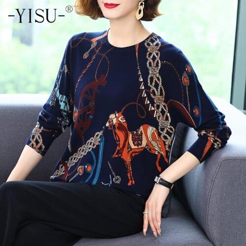 YISU Autumn Women Printed sweater Elegant O-neck Loose Knitted Sweater Female Casual Long Sleeve Warm Pullover Jumpers