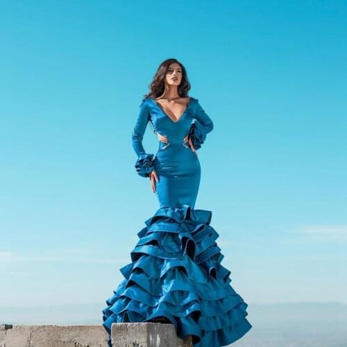 Luxury Mermaid Pageant Evening Dresses Flouncing Long Sleeves V Neck Satin Ruffles Beaded Hollow Waist