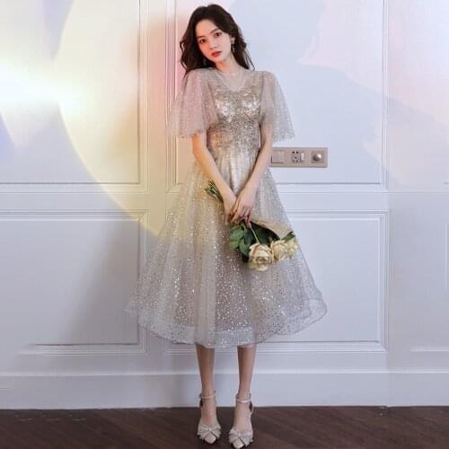 New O-Neck Evening Dress Pleat Short Sleeves Lace Up Empire A-Line Sequins Tea-Length Champagne Woman Formal Party Gowns A1426