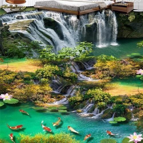 Beibehang Custom Photo 3D Floor Painting Wallpapers Flowing Water Treasure Lotus Carp Waterfall 3D 3D Painting Flooring
