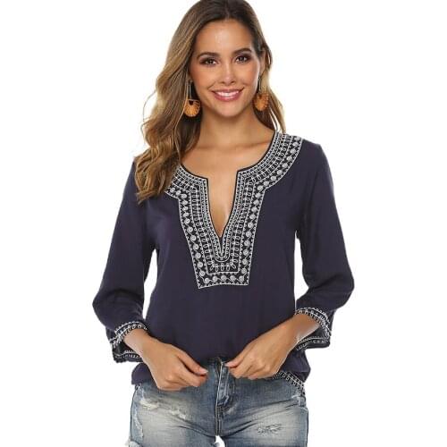 Le Luz Navy Floral Embroidery Blouse Shirt Cotton Summer Mexican Shirt Oversized Plus Size Up 2xl 3XL Ethnic Ladies Shirt 2021
