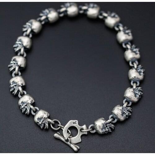 Solid 925 sterling Silver women menclassic skull Punk Rock Vintage Biker Jewelry Handmade collection bracelet bangle 23cm A1660