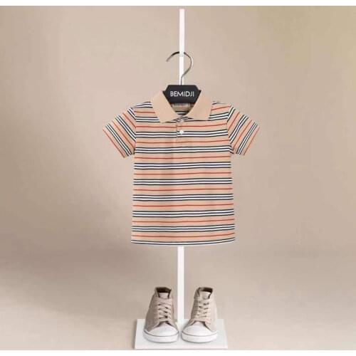 Eenster Kids Striped Shirt Summer Short Sleeve Tops Cotton Turn Down Collar Pure Color Sport Holiday Boys Shirts Outfits