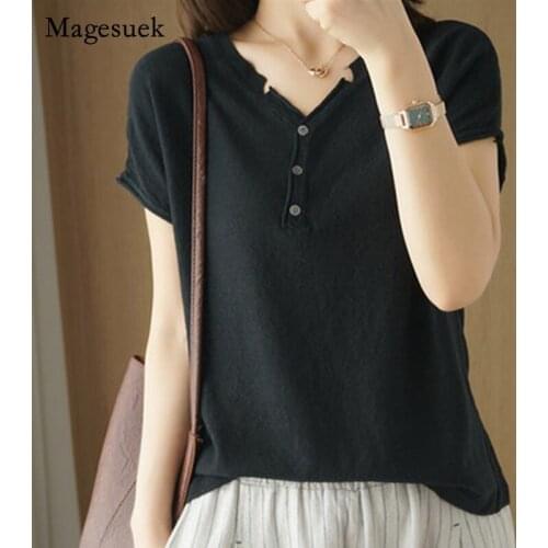 2021 V-neck Knitted Short Sleeve Cotton T-shirt Casual Loose Shirt Office Lady Clothing Summer New Blouse for Women Blusa 14643