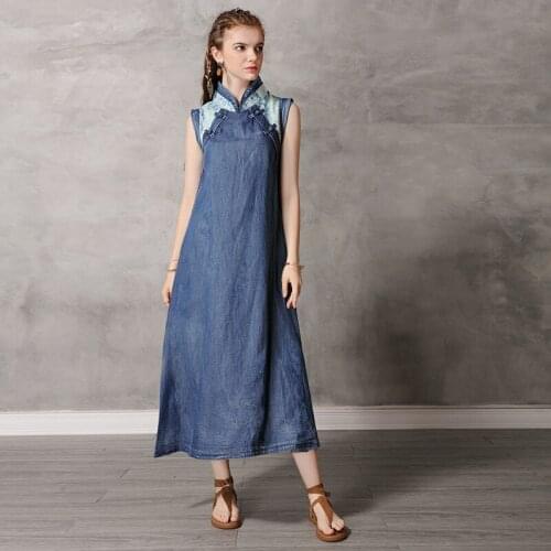 Chinese Style Mandarin Collar Sweet Modern Cheongsam female Blue gown cotton tang suit style Asian Qipao