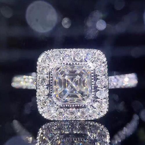 18K White Gold 1ct DF Color Asscher Cut Moissanite Halo Ring Lab Grown Diamond Luxury Ring For Women Engagment Wedding Ring
