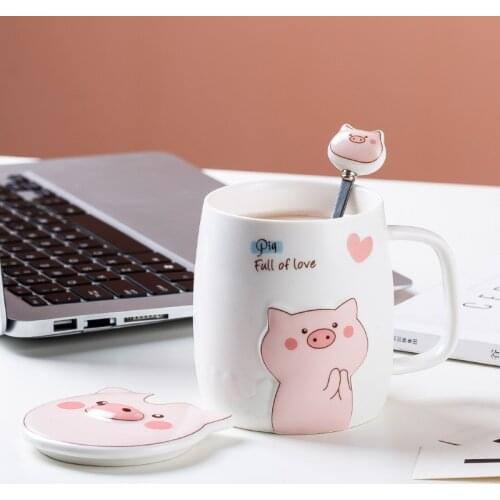 Creative Cute Pink Pig Mug Coffee Mug Milk Water Cup Pink Girls Heart Cartoon Ceramic Cup with Lid and Spoon Gifts Drinkware