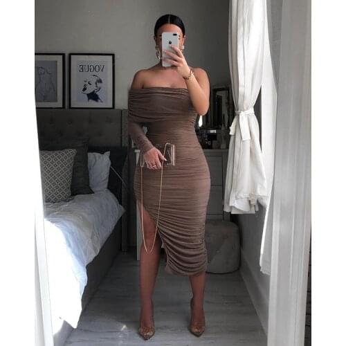 Echoine Summer Off Shoulder One Shoulder Midi Dress Skinny Party Club Sexy Split Dresses Vintage Elegant Vestdios Party Clubwear