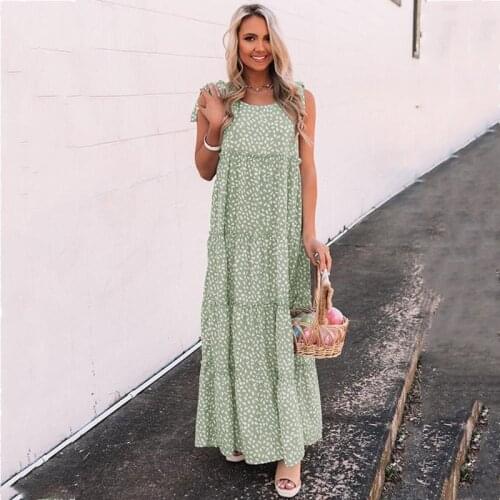Summer Dress Women Boho Ruffle Stitching Sleeveless Maxi Dresses Sexy Lace-Up Dot Stitching Dress For Women Robes Femme Vestidos
