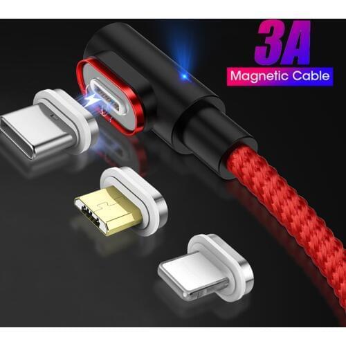 Magnetic 90 Degree USB Cable Micro USB Type C 3A Fast Charging For iphone Xiaomi Mi9 Redmi Huawei Magnet Charge Type-C Cord Wire