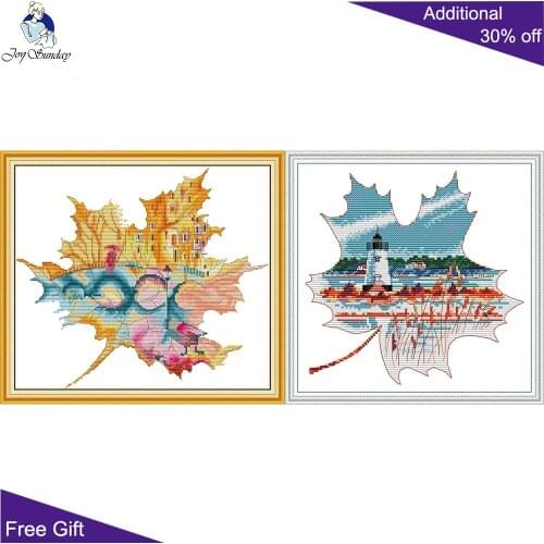 Joy Sunday Scenic FA084 FA089 Counted and Stamped Home Decor City In Maple Leaf Landscape In The Leaves Cross Stitch Kits