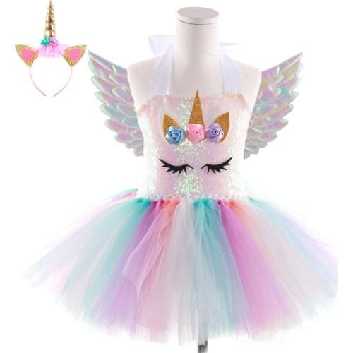 Princess Girls Unicorn Dress Costume Pastel Sequins Kids Unicorn Birthday Party Tutu Dresses for Girls Christmas Halloween Dress