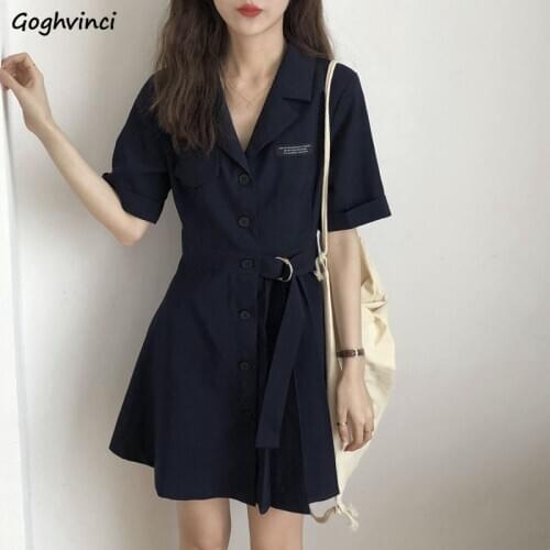 Short Sleeve Dress Women Solid V-Neck Single Breast Sashes Summer Womens Beauty Leisure Fashion Chic Retro Lovely Ulzzang Mini