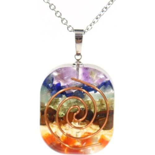 Rose Gold Colors Spiral Rainbow Stone Resin Orgone Energy Pendant Link Chain Necklace Rectangle Shape Jewelry