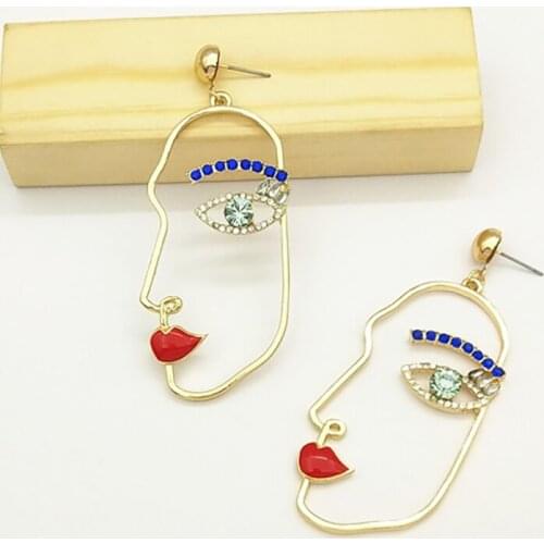 Unique Blue Crystal Human Face Earrings For Women Party Charm Jewelry Funny Abstract Art Hollow Gold Color Alloy Figure