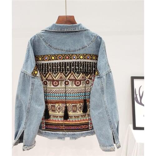 2021 Bohemia Jeans Jacket Coat Women Tassel Embroidery Flowers Denim Coat Loose Long Sleeve Short Jacket Female Outwear Femal