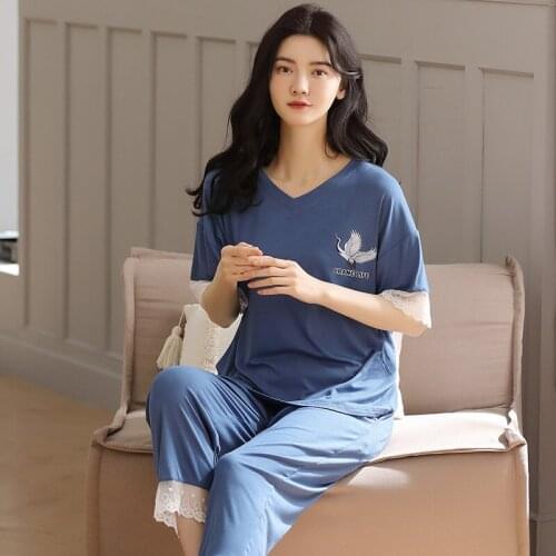 Women Modal Pajamas 2PCS Sets Calf-Length Pyjamas Pant Print Crane Sexy V-Neck Sleepwear Nightwear Lace Summer M-XXL Home Wear