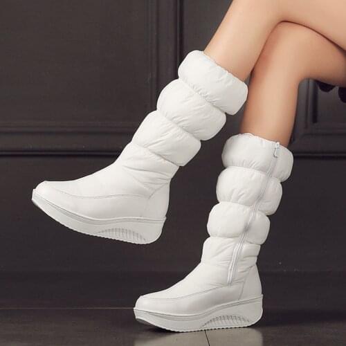 Fashion Women Winter Wedges Mid-calf Boots Waterproof Zipper Snow Boots Ladies Warm Footwear Platform Shoes Black Blue White