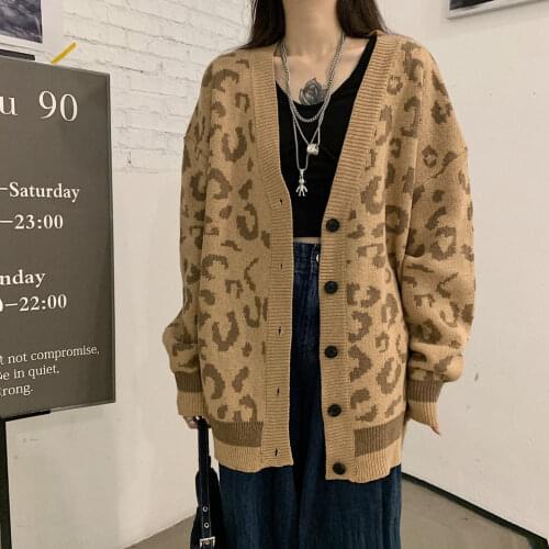Leopard Print Sweaters Cardigan Oversize Female 2021 Autumn Winter New Korean Casual Style Fashion Women Mid-Length Loose Coat