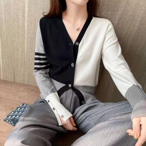 2021 Spring New TB Cardigan High Waist Sweater Womens Ins Harajuku Korean Color Blocking College Coat