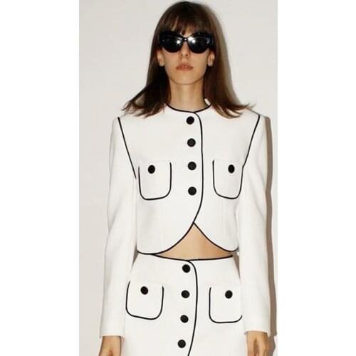 White Blazer Women Vintage Black Line Stitching O Neck Long Sleeve Pockets Single Breasted Chic Coat Elegant Office Lady Autumn