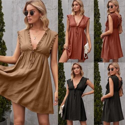 Womens Loose Ruffled V-neck Dress New Fashion Solid Color Sleeveless Beach Party Women Casual Stitching Cake Dress