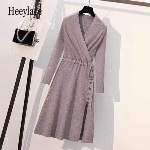 Plus Size Knit Dress 2021 Autumn Women V neck Long Sleeve Solid Sweater Dress High Quality Lady Belted Knitted Mid-length Dress