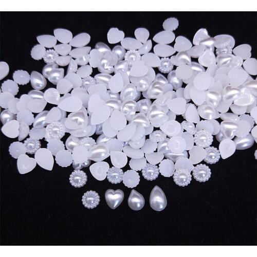 100pcs Flatback Half Pearl Beads White Heart/Water droplets/Flower Imitation Pearls Scrapbook DIY Decoration Making Crafts