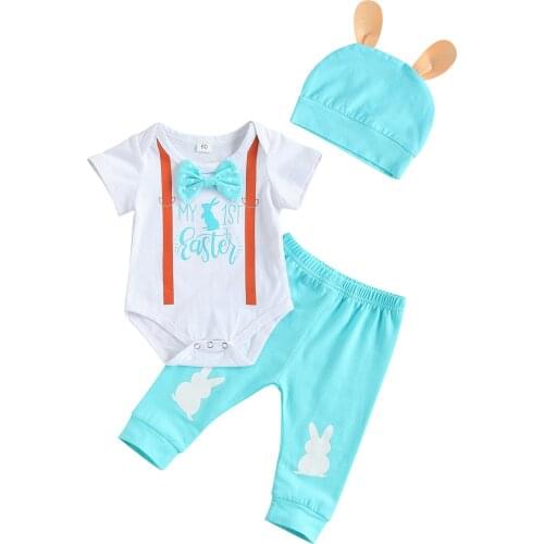 2021 0-18M My First Easter Infant Baby Boy Clothing Bow Tie Letter Print Long Sleeve Romper Top+Bunny Pants+Hat Cute Cotton 3pcs