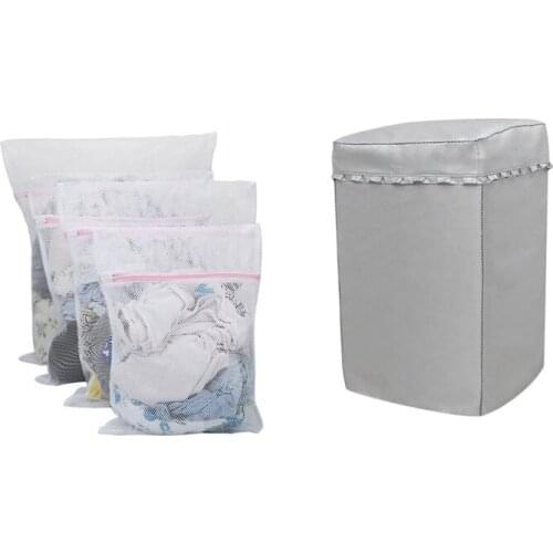 4 Pcs Durable Coarse Mesh Laundry Bag with Zip Closure for Clothes, Delicates & 1 Pcs Portable Washing Machine Cover
