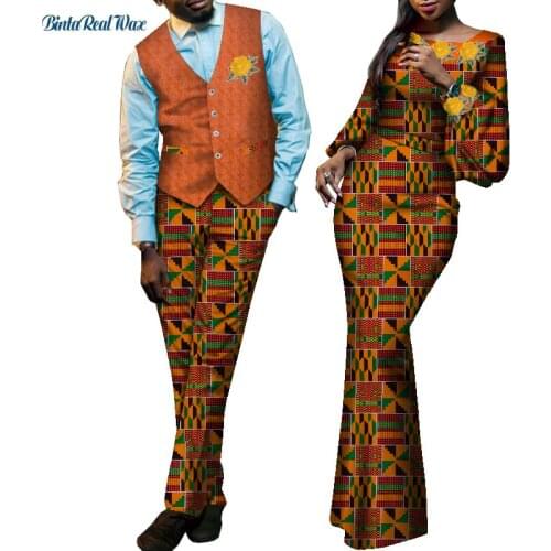 2021 African Dresses for Women Bazin Riche Men Waistcoat and Pant Sets Couple Clothes Print Long Dress African Clothing WYQ705