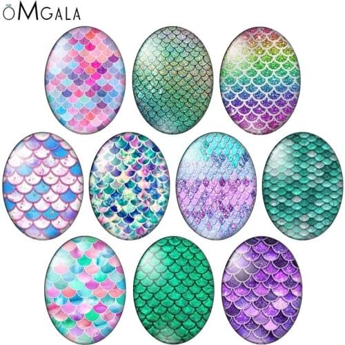 Shiny Gliter Fish Scale Patterns 10pcs mixed 13x18mm/18x25mm/30x40mm Oval photo glass cabochon demo flat back Making findings