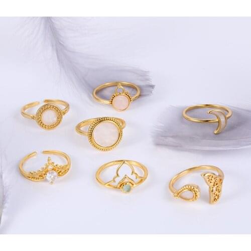1PCS Bohemian Vintage Gold Color Rings Moon & Crown Opal Crystal Ring Fish Tail Ring Female High Quality Jewelry Party Gift 2021