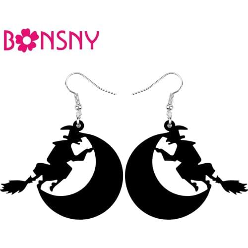 Bonsny Acrylic Halloween Round Hollow Moon Broom Magical Witch Earrings Big Drop Dangle Jewelry For Women Girls Festival Gift