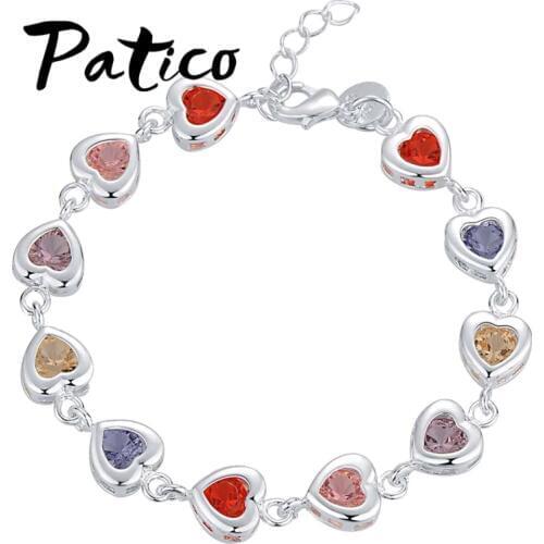 Hot Sale Valentines Gift Shiny Multicolored CZ Zircon Crystal Heart Shaped Real 925 Sterling Silver Woman Girl Bracelet Jewelry