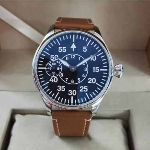 GEERVO No logo pilot Dial Black 44mm Manual mechanical mens Watch ST3600-2 movement 9 o'clock second hand